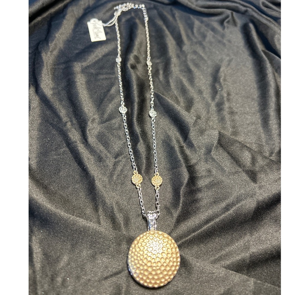 NWT Park Lane Necklace OS Mixed Metal Hammered Pendant Crystal Accents Long Chn